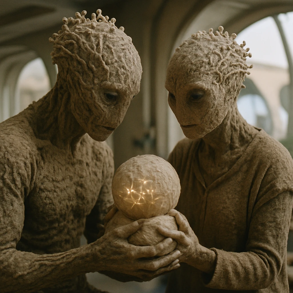 未来的な住居の中で、胞子状の子どもに寄り添いながら世話をする2人の菌糸状の親たちのリアルな場面。