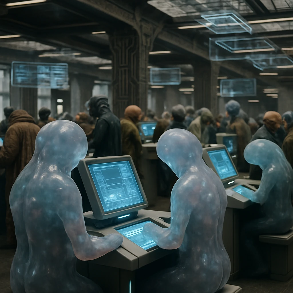 未来的な銀行施設で異種族のエイリアンたちが発光端末やホログラムを操作している様子の写真。