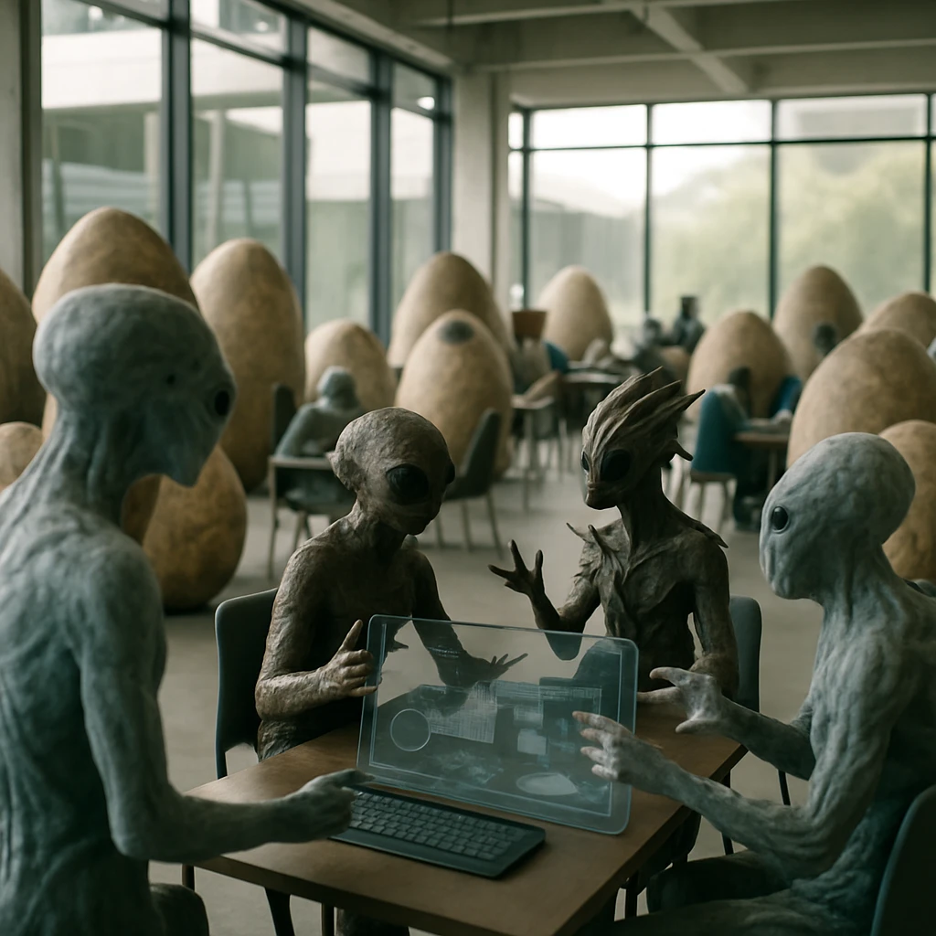 卵型のカプセルが並ぶ近未来的な施設内で、多様な姿の知性体たちがディスカッションする様子を実写風に撮影した写真。