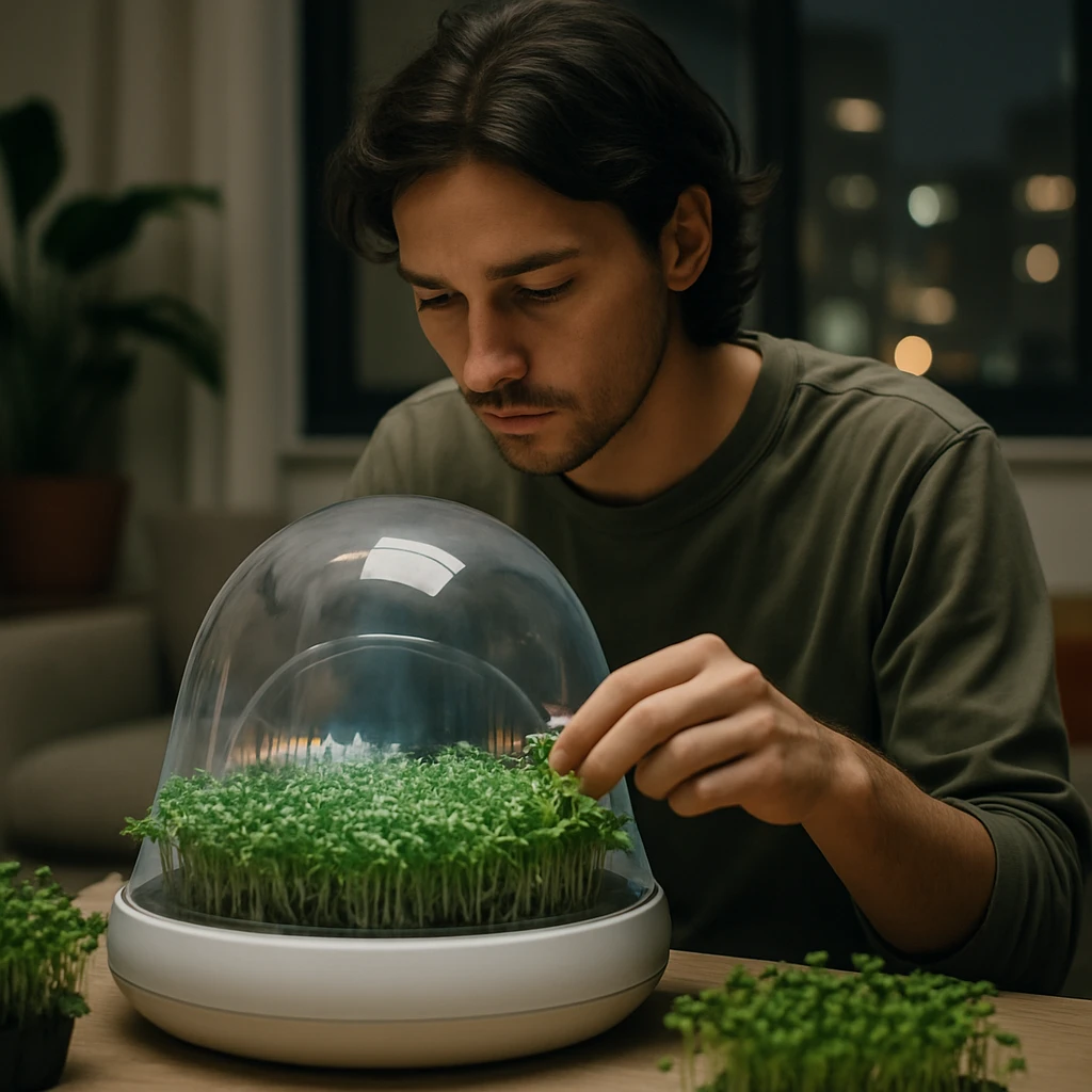 未来的な室内で若い栽培師が透明なドーム型プランターの中の小さな緑芽を世話している写真。