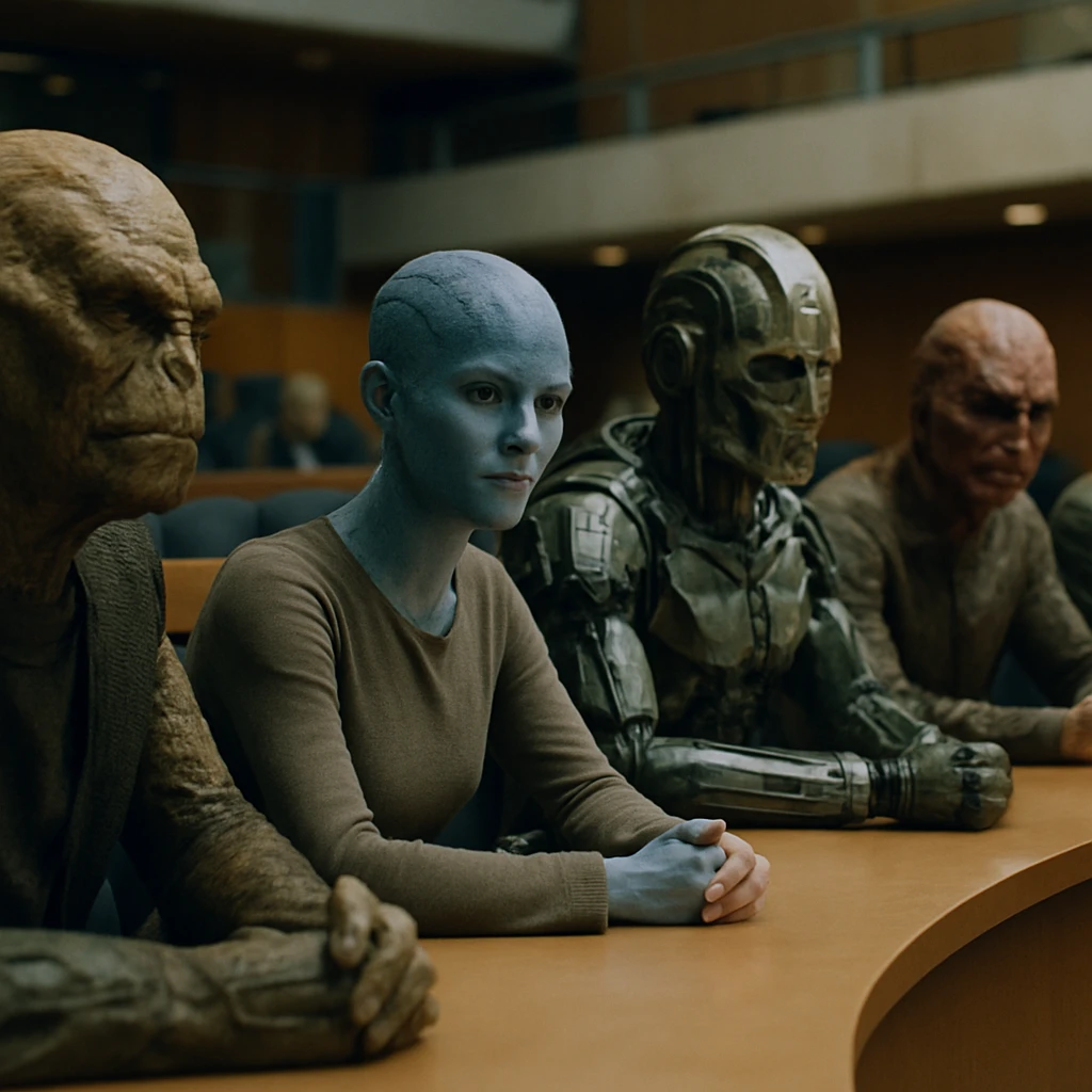 多様な知的種族が現代的な会議室で一緒に議論している様子の写真。