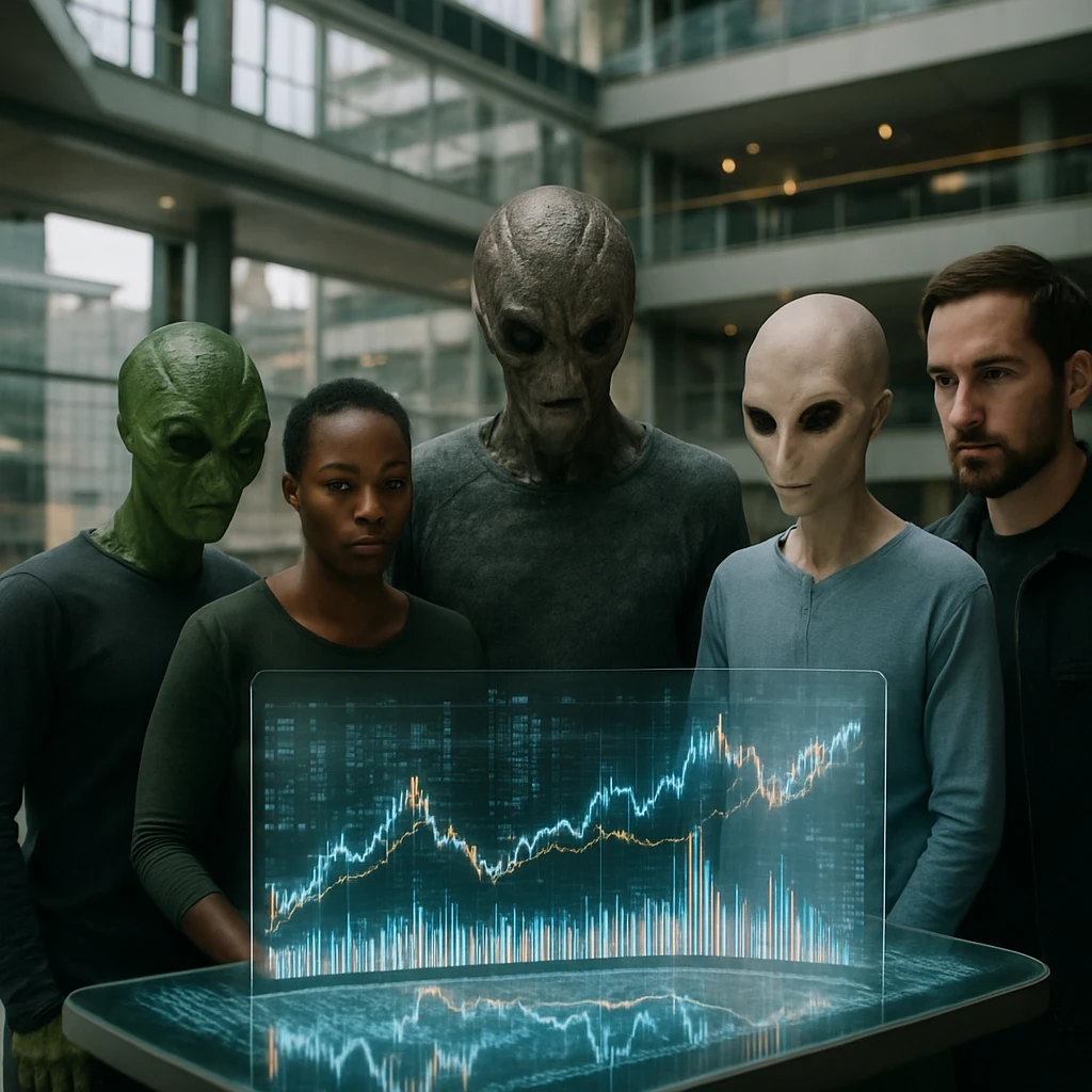 多様な種族のヒューマノイドたちがホログラム端末を囲み、未来的な都市アトリウム内で市場データを見つめている様子。