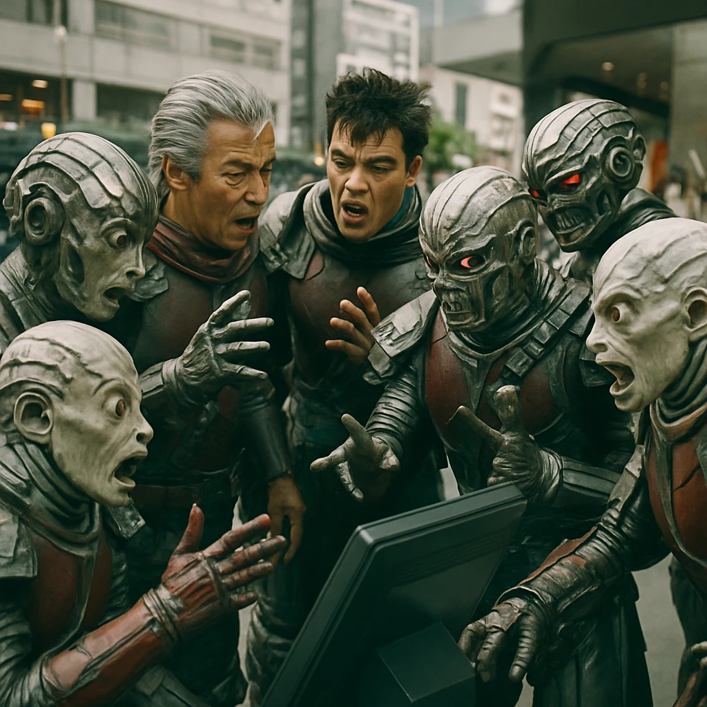 未来的な都市の広場で、様々な種族がコスプレ姿で端末を囲み議論している写真。