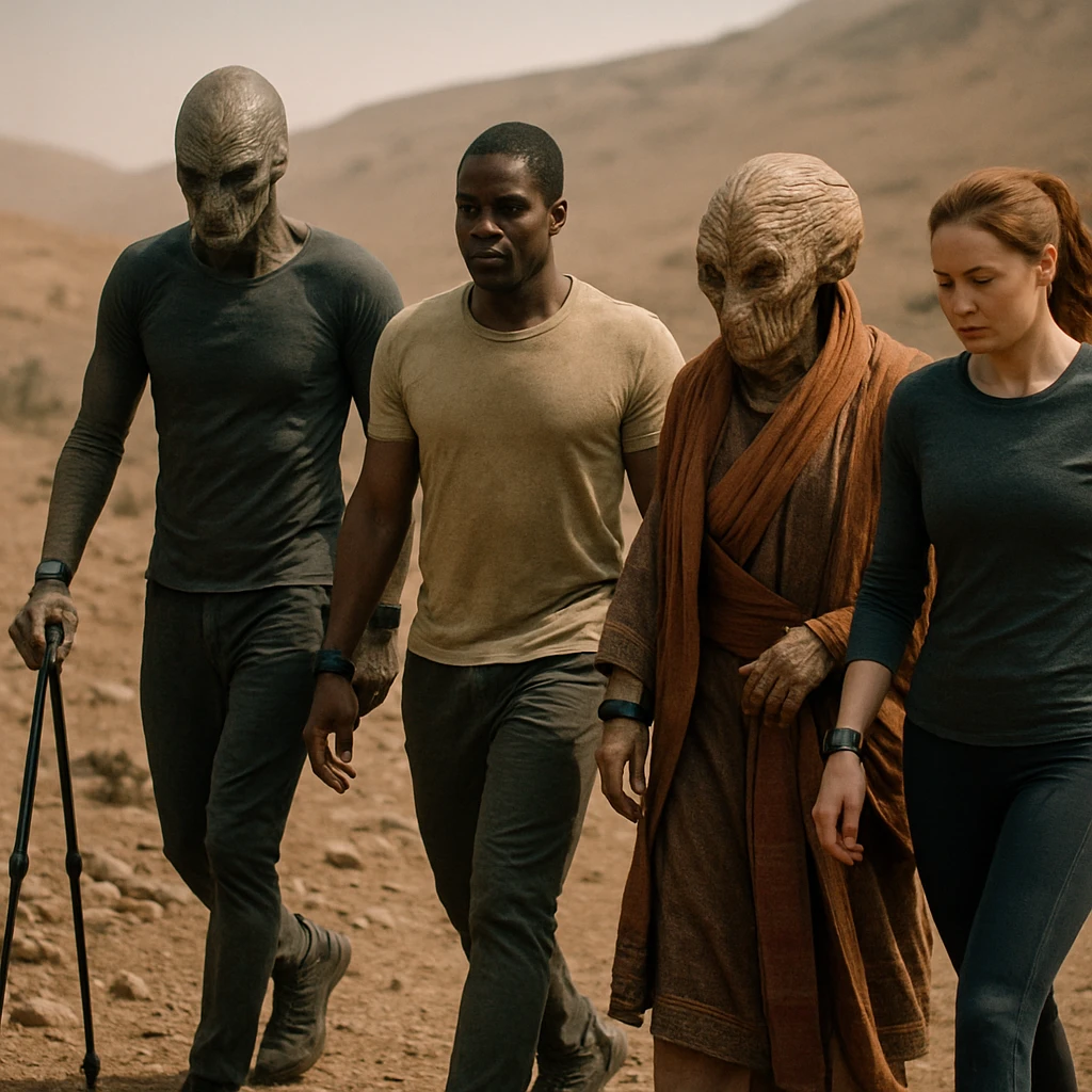 異星の岩場を歩く、多様な種族の参加者がツインポールや伝統衣装、リストバンド型端末を身に着けて並んで歩いている写真。