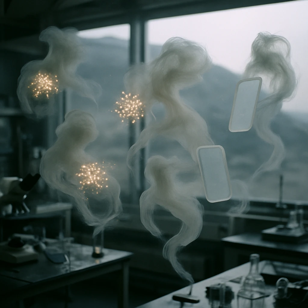 霧がかった実験室で、雲状の知的生命体が微細な発光粒子と人型デバイスを取り囲む様子の写真。