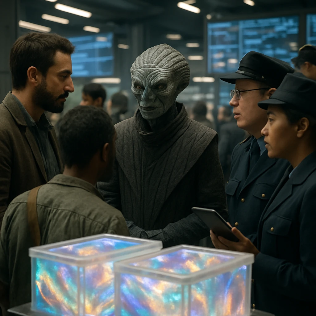 多様な種族の交易者とエフゼリス原住オーレリ種リーダーが、輝くクァンタム・シルクが入った透明なコンテナの傍ら、未来的な関税ターミナルで協議する様子の写真。