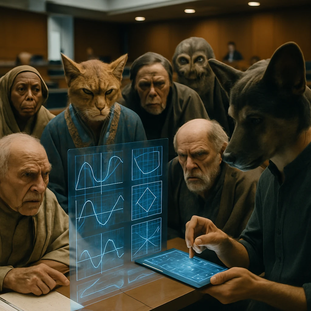 異種族の数学者たちが先進的な会議室でホログラムを前に熱心に議論している様子