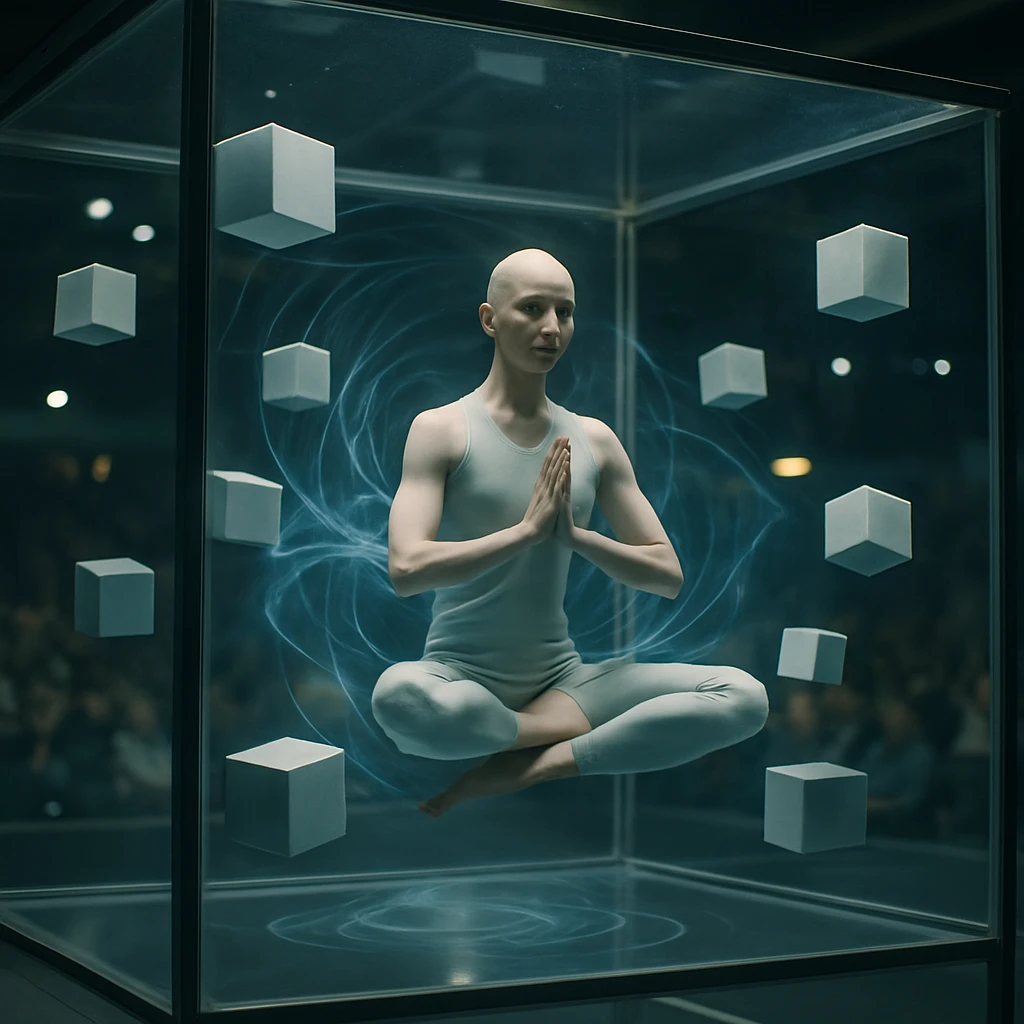 透明な立方体アリーナ内で無重力状態の競技者がヨガポーズを維持し、周囲に多面体キューブやホログラムが浮遊する様子の写真。