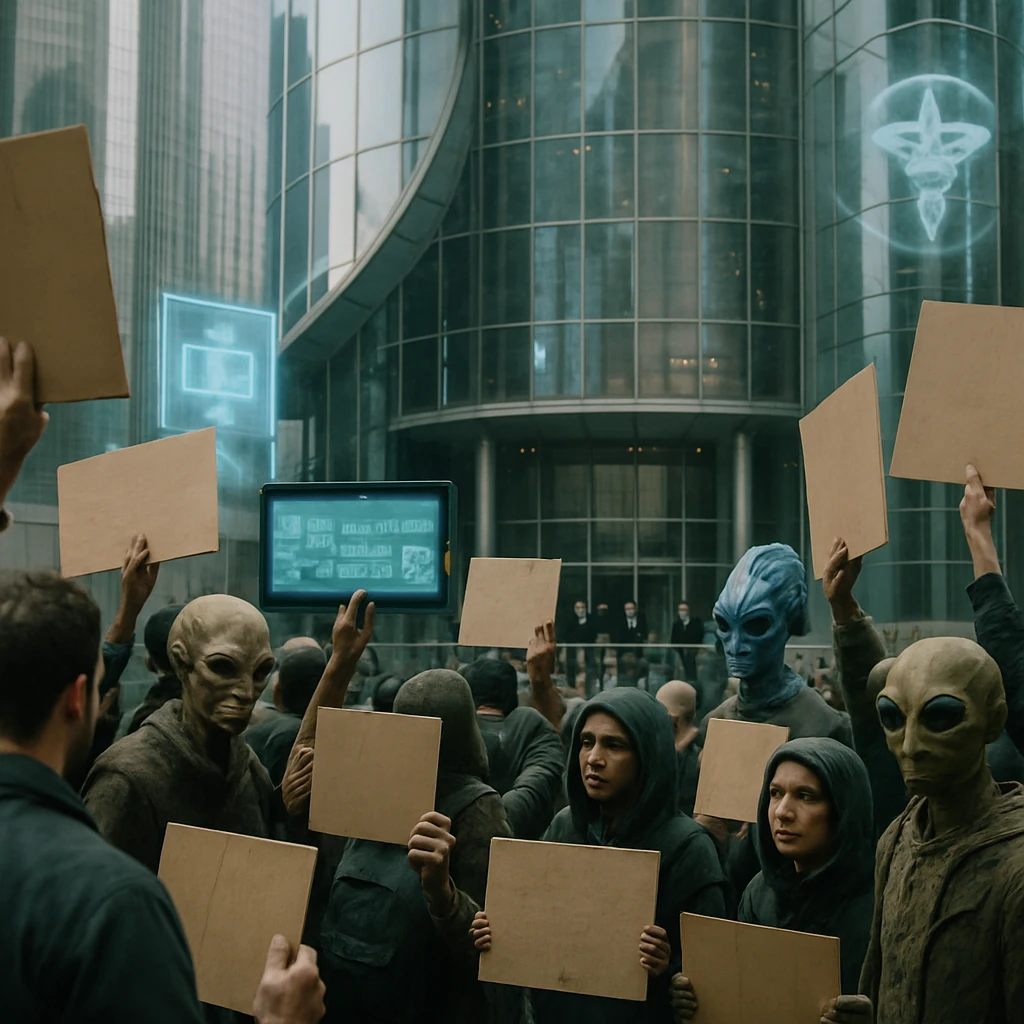 未来的な市議会前で多様な種族の市民が投射人格権を訴えてデモを行う様子の実写写真風画像。