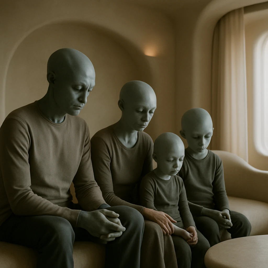 グラソール星系の未来的なリビングで、思念を同期させている異星人家族と反応する室内の一瞬を写した写真。