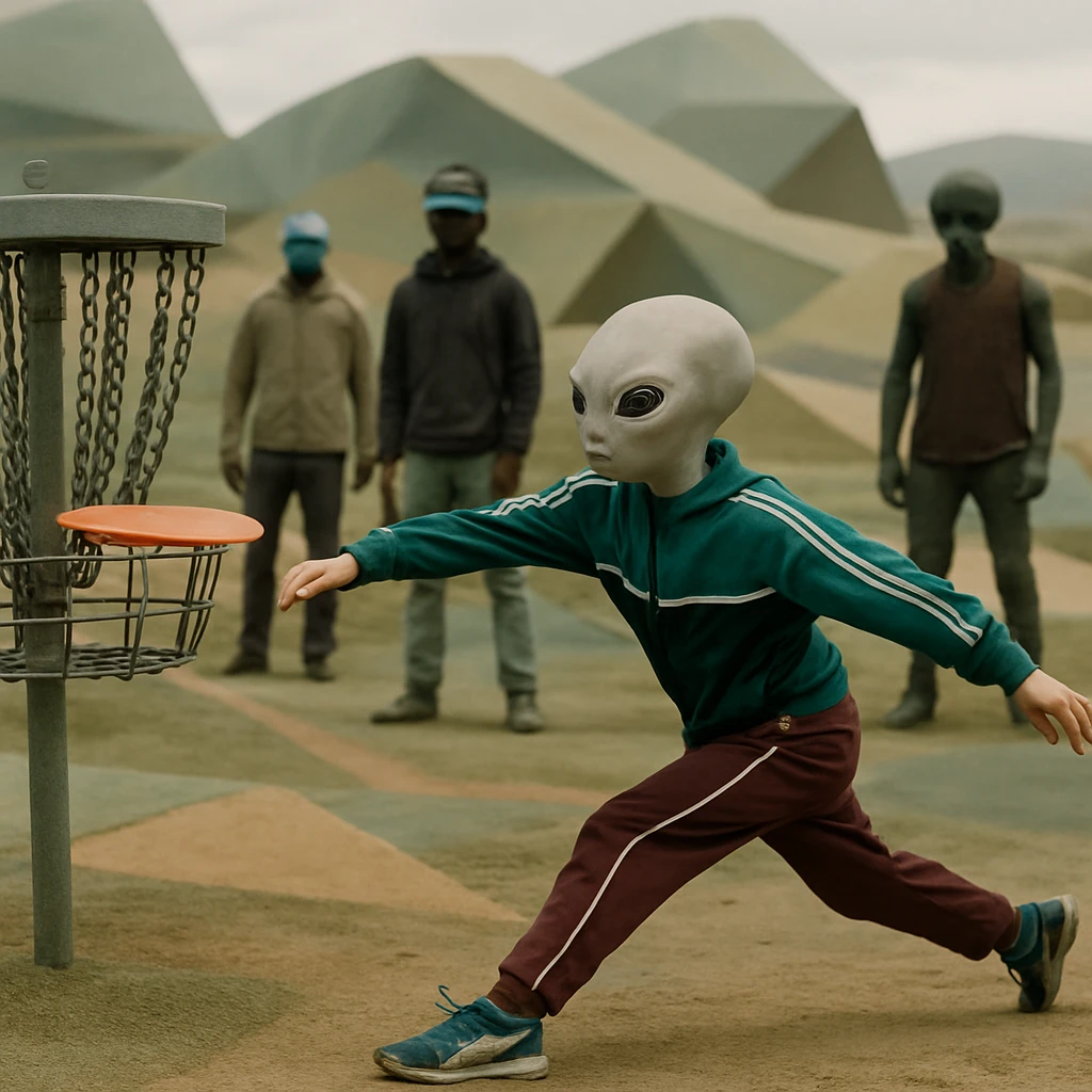 変化する奇妙な地形の屋外フィールドで、エイリアン風の若い選手がディスクゴルフを投げる瞬間を観客とともに撮影した写真。