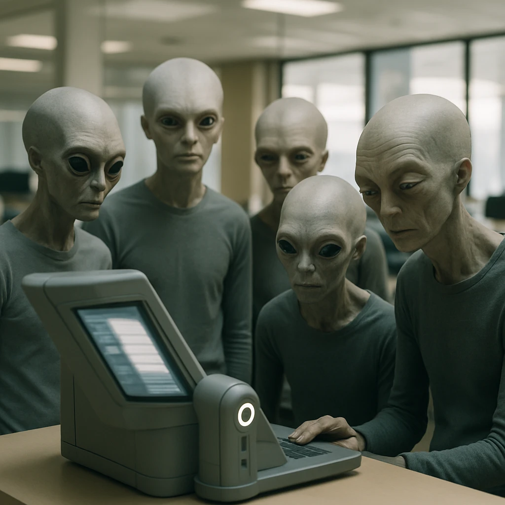 フレム＝セト族の市民たちが未来的な装置を囲み、異動通知を受け取る様子の実写風写真。