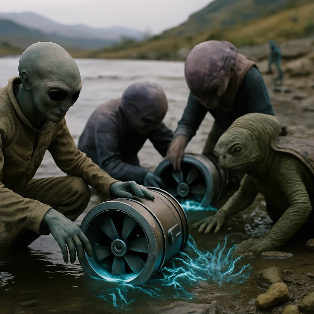 異星の河岸で先進的な小型タービンと多様な異種族が共に調整作業を行う様子のリアルな写真。