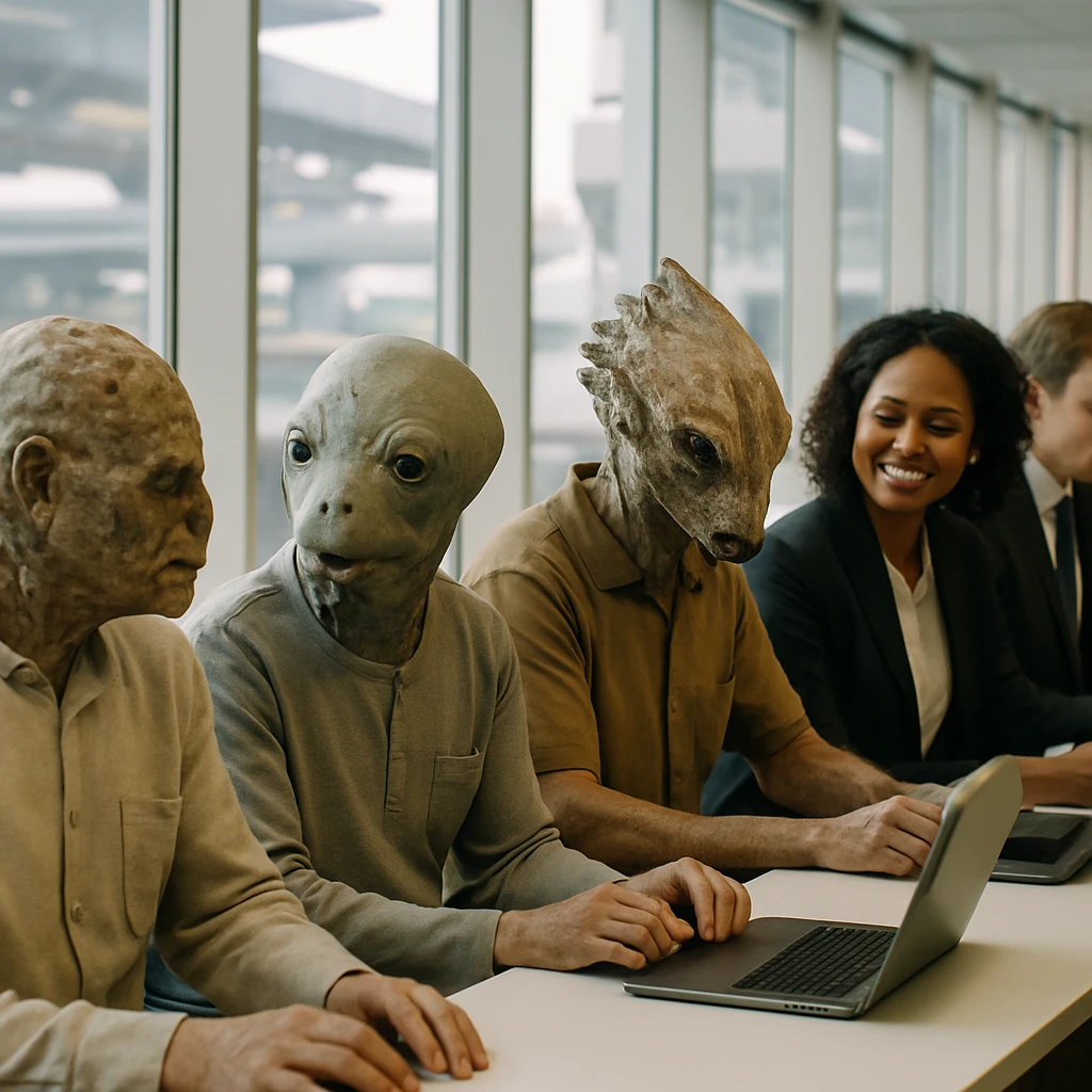 多様な姿をしたシオノム族と他の中産階級が宇宙都市内の明るいオフィスで並んで働いているリアルな写真風の場面。