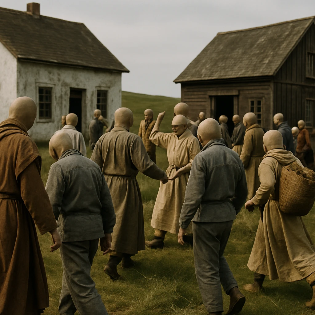 草原地帯の伝統家屋の前で複数の種族の人々が交流しながら集まっている実写風写真。