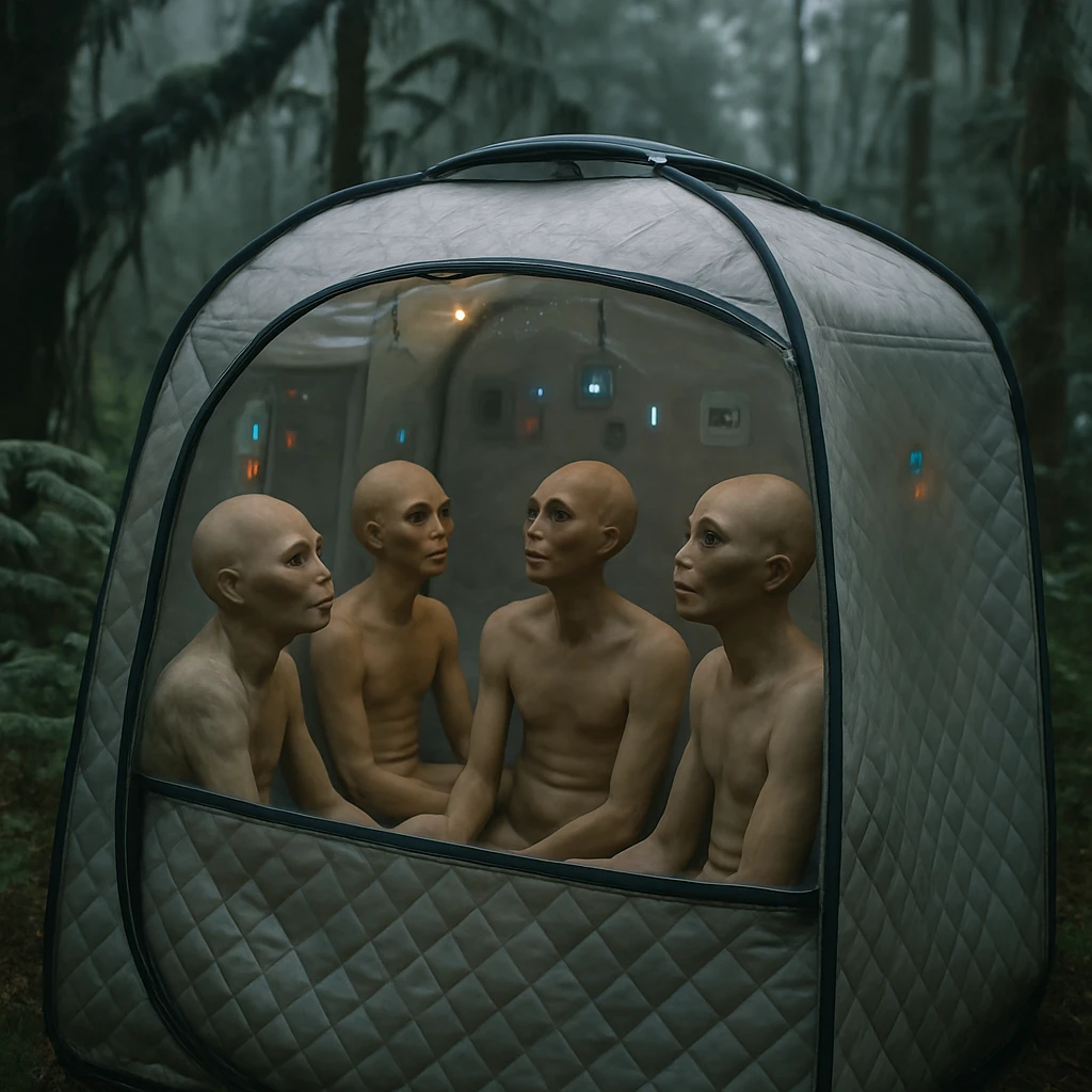 異星風の森の中で特殊なサウナテント内に座るプラズメス族の人々のリアルな写真。