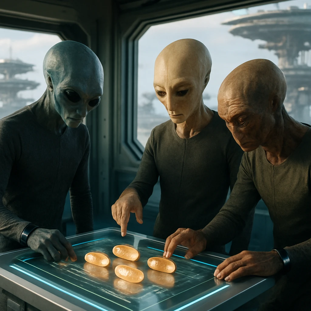 浮遊都市の研究施設で、三種族の研究者たちが発光する有機データカプセルを囲み議論している様子。