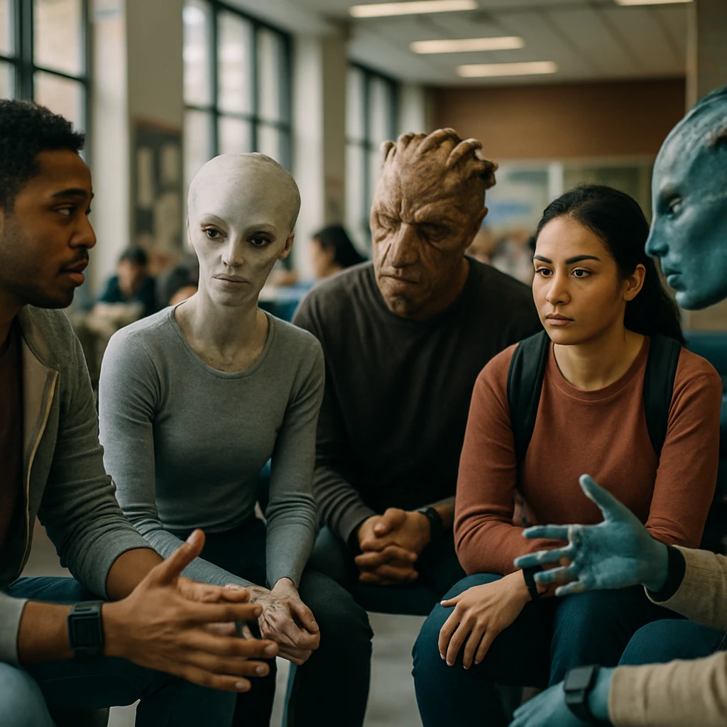 未来的な大学の交流スペースで、多様な種族の学生たちが討論に参加し、一部は意見を交わし合いながら他の学生が静かに耳を傾けている様子。