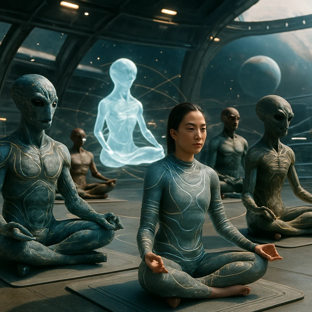 多様な種族の参加者が無重力空間でヨガマットの上に浮かび、瞑想する場面のリアルな写真。