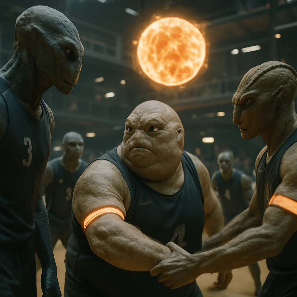 多種族の選手たちが多層重力場コートで巨大なプラズマボールを追い、光るアームバンドを付けて連携する様子の写真。