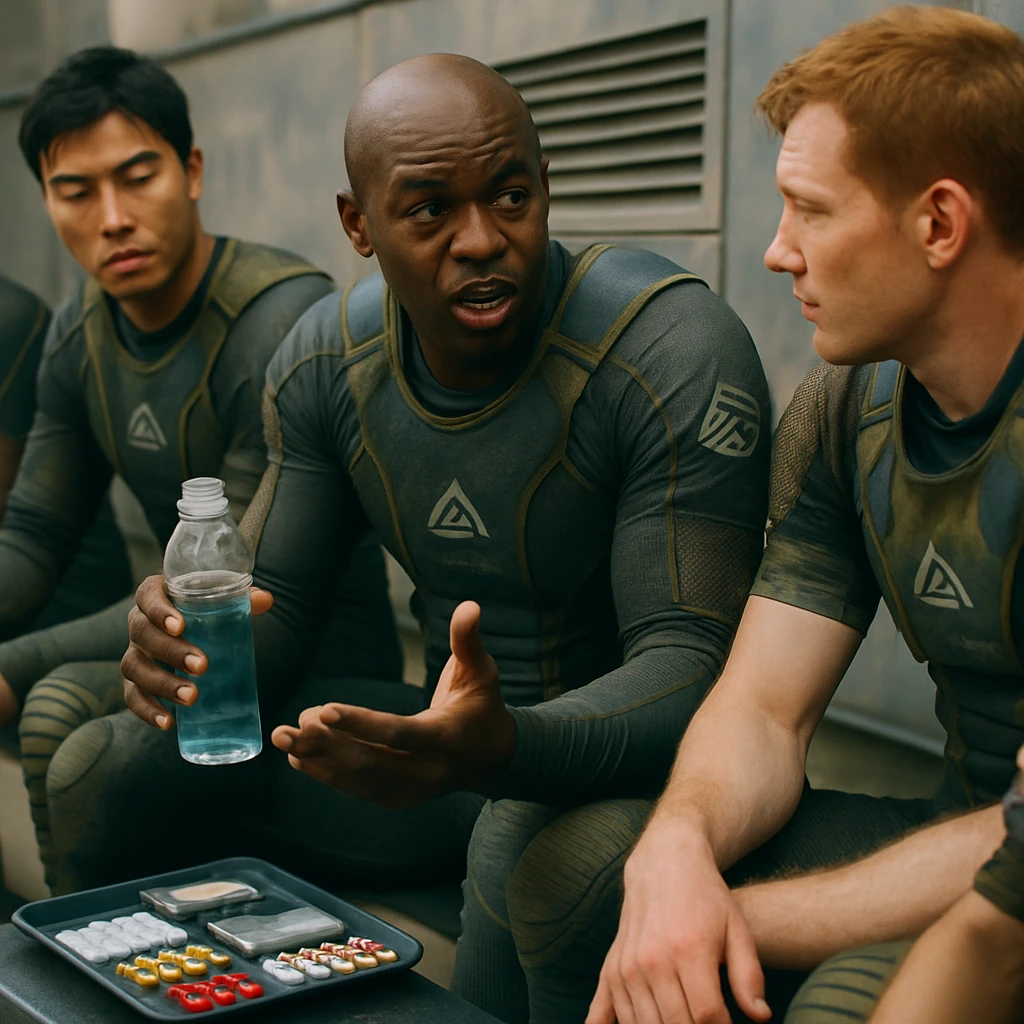 スポーツ選手たちが近未来のロッカールームでサプリメントを手に語り合う様子のリアルな写真。