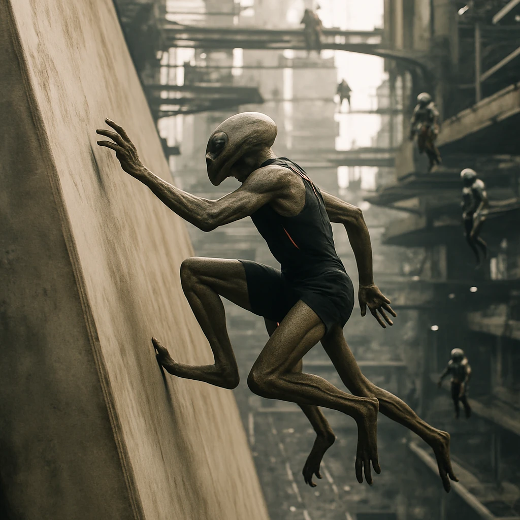 多脚の異星人選手が重力が交差する都市の壁を駆け上がる瞬間をとらえた写真。