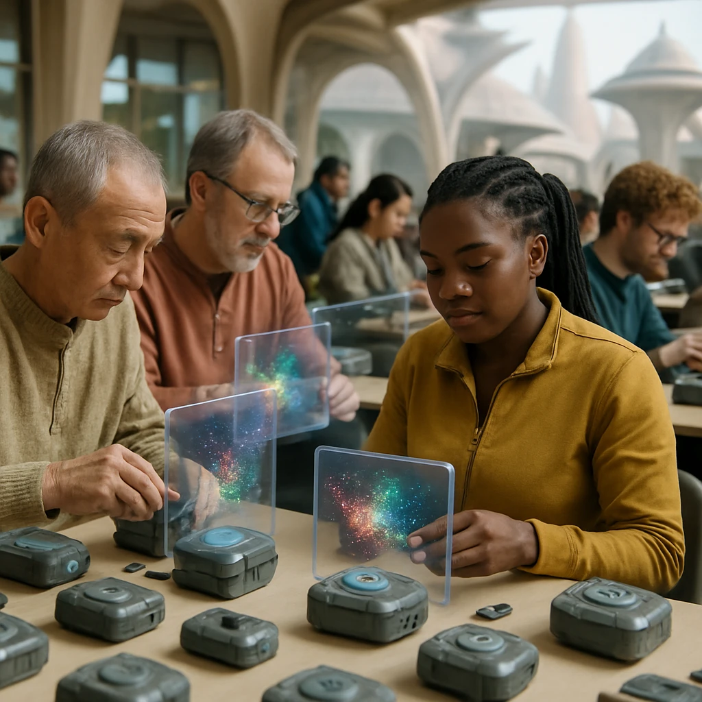 未来的な公民館の室内で様々な市民が小型センサーを組み立てる様子と、透明な画面に粒子分布データが映し出されている一場面。