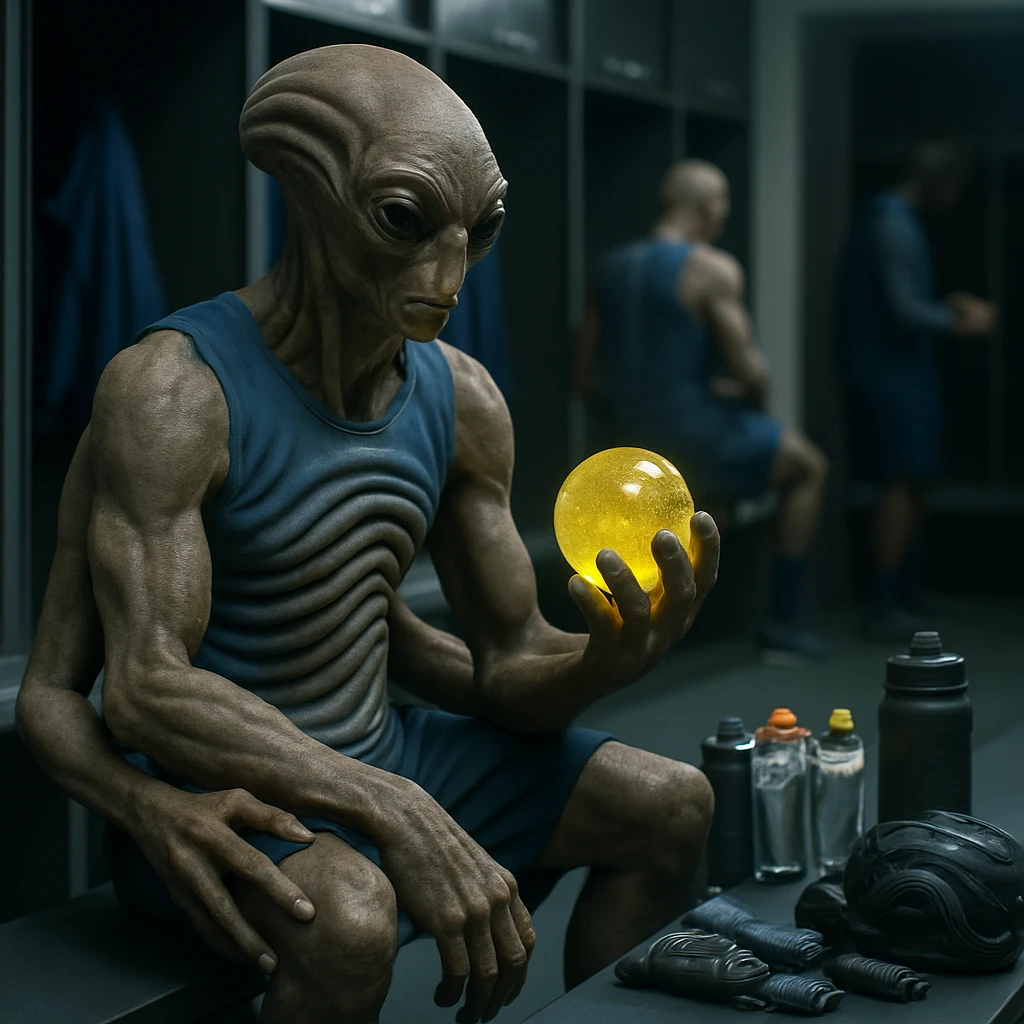 異星人スポーツ選手が未来的なロッカールームで光るジェル状サプリメントを手に持つ様子を写した写真。