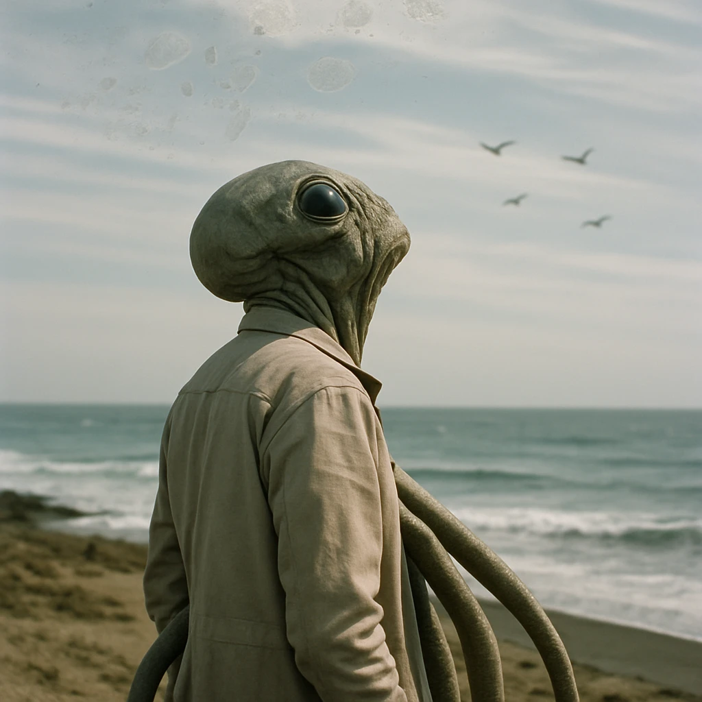 多触腕のエイリアン研究者が異星の海岸で空に漂う微細な化石雲を見上げている様子の現実的な写真。