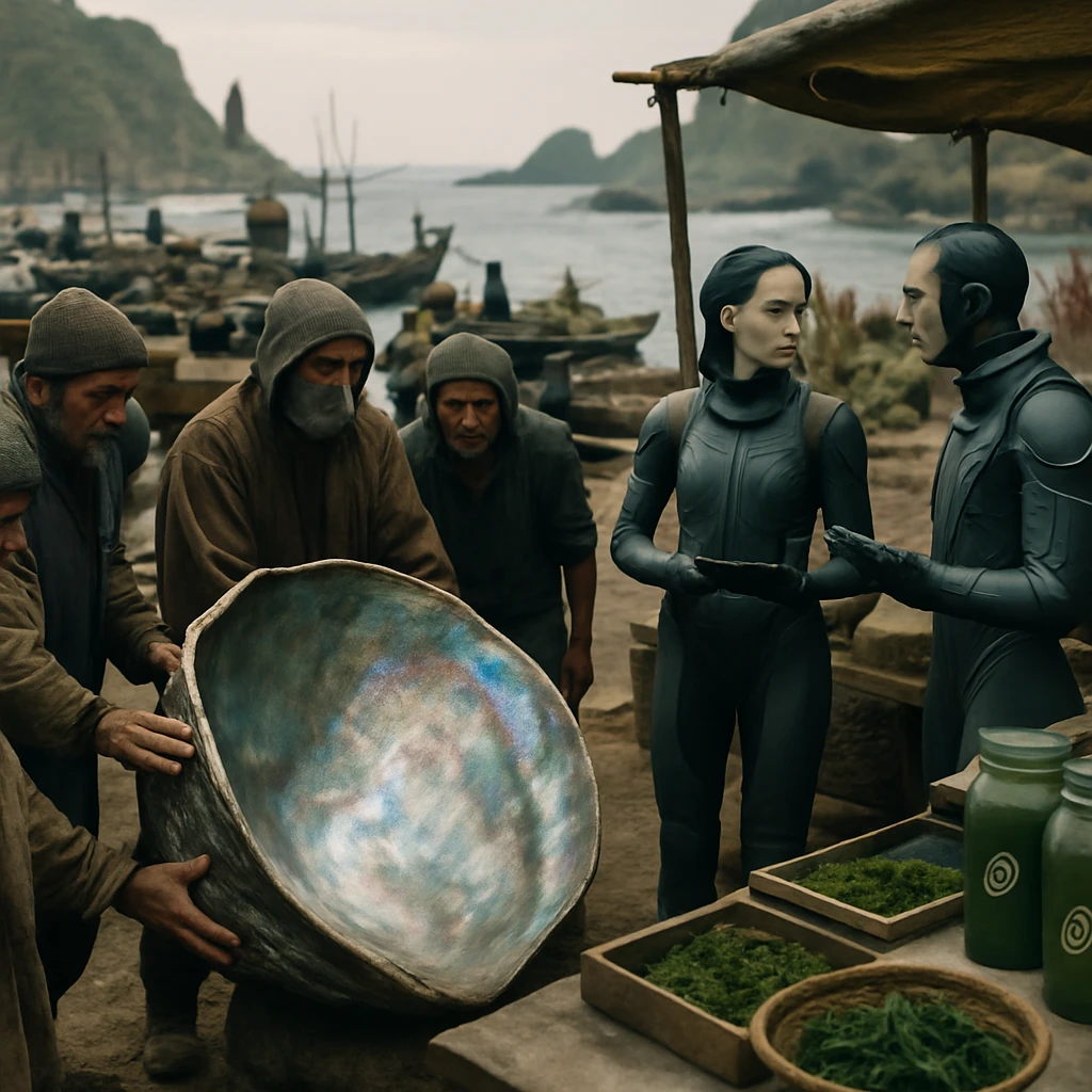 海辺の漁港で巨大な貝殻を囲む伝統衣装の漁師と近未来的な服装の技師たちがイベントを行う様子のリアルな写真。