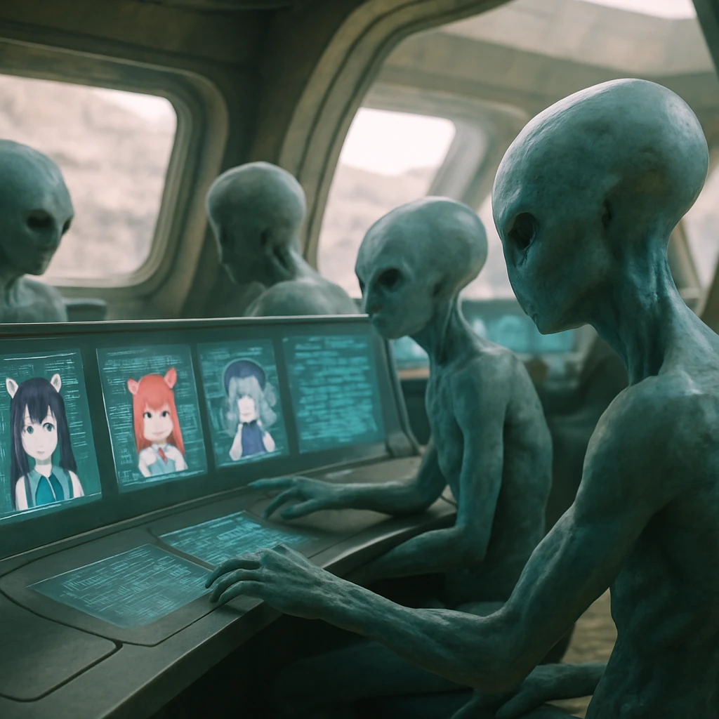 異星の管制室で複数の半透明な人型知性体が多数のホログラム画面に向かって座っている様子。