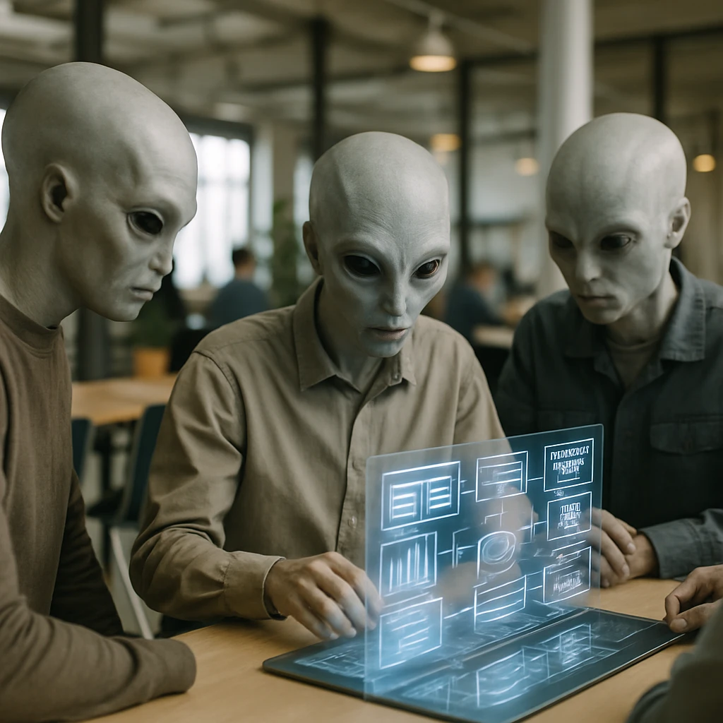 先進的なコワーキングスペースで、異種的な特徴を持つシグノイド人がホログラム画面を囲んで集まっている様子。