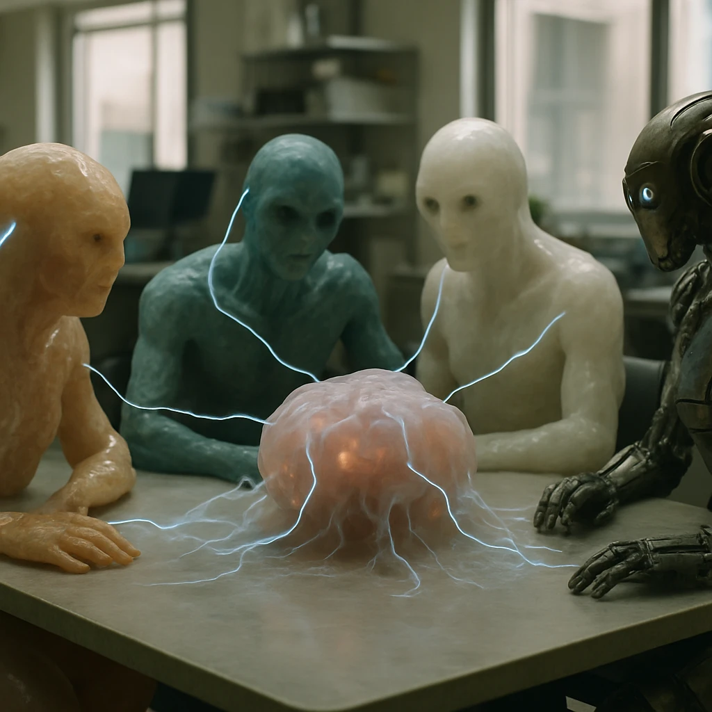 異種族の有機体と機械生命体がバイオ・シナプスノードを囲んで協働している未来的なワークスペースの様子。