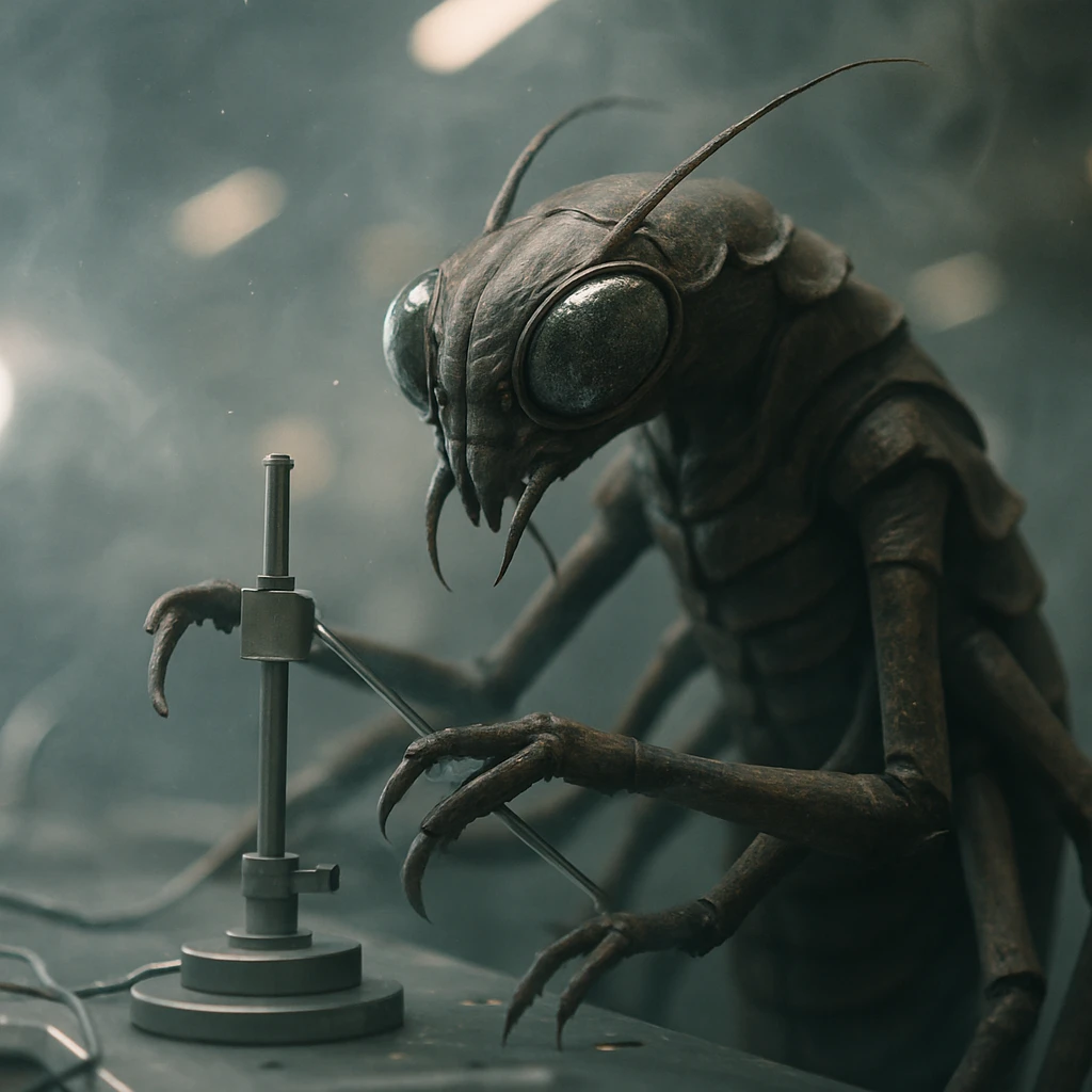 未知の多節体昆虫型生命体が、霧の立ちこめる実験室で先進的な観測装置を操作している様子のリアルな写真。