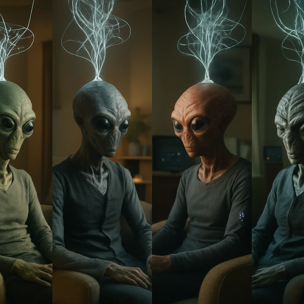 グリマリア星連合の異星人たちが自宅らしき空間で神経繊維に接続されて座り、穏やかな表情で業務を行っている様子の写真。