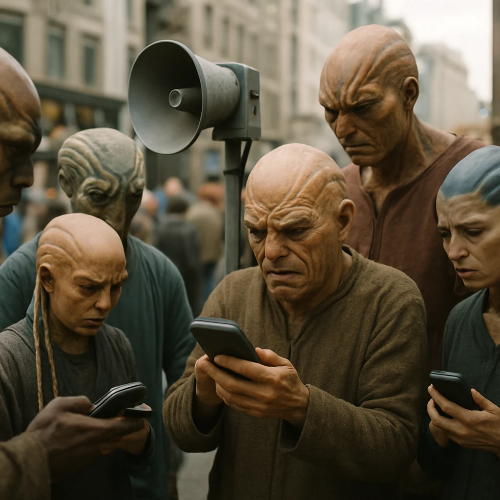 トゥーリスの都市広場で公的スピーカーを囲み困惑する複数のノーヴェリン住民の様子。