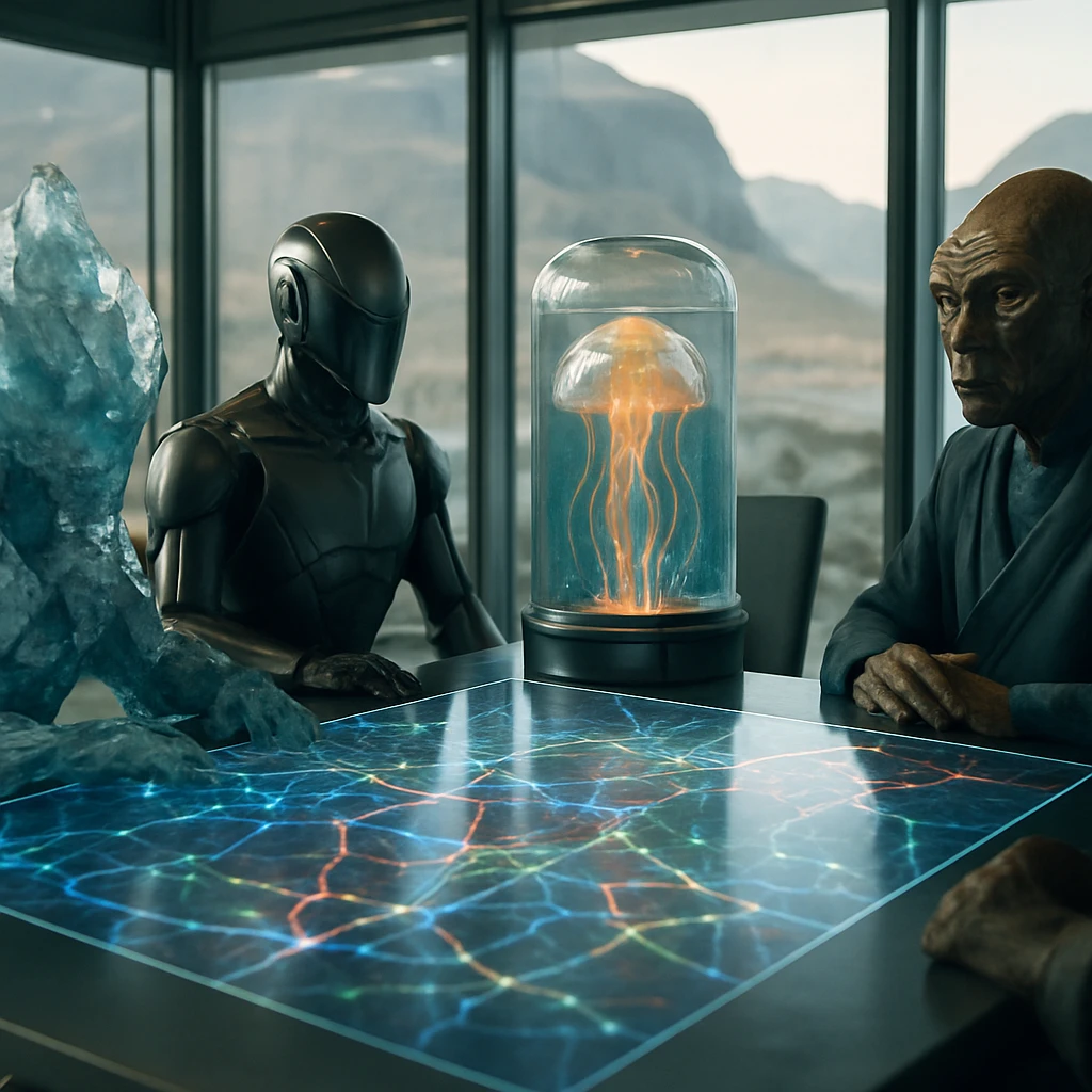 異種族の代表者たちが透明なホログラフィック地図テーブルを囲んで協議している近未来的な会議風景の写真。