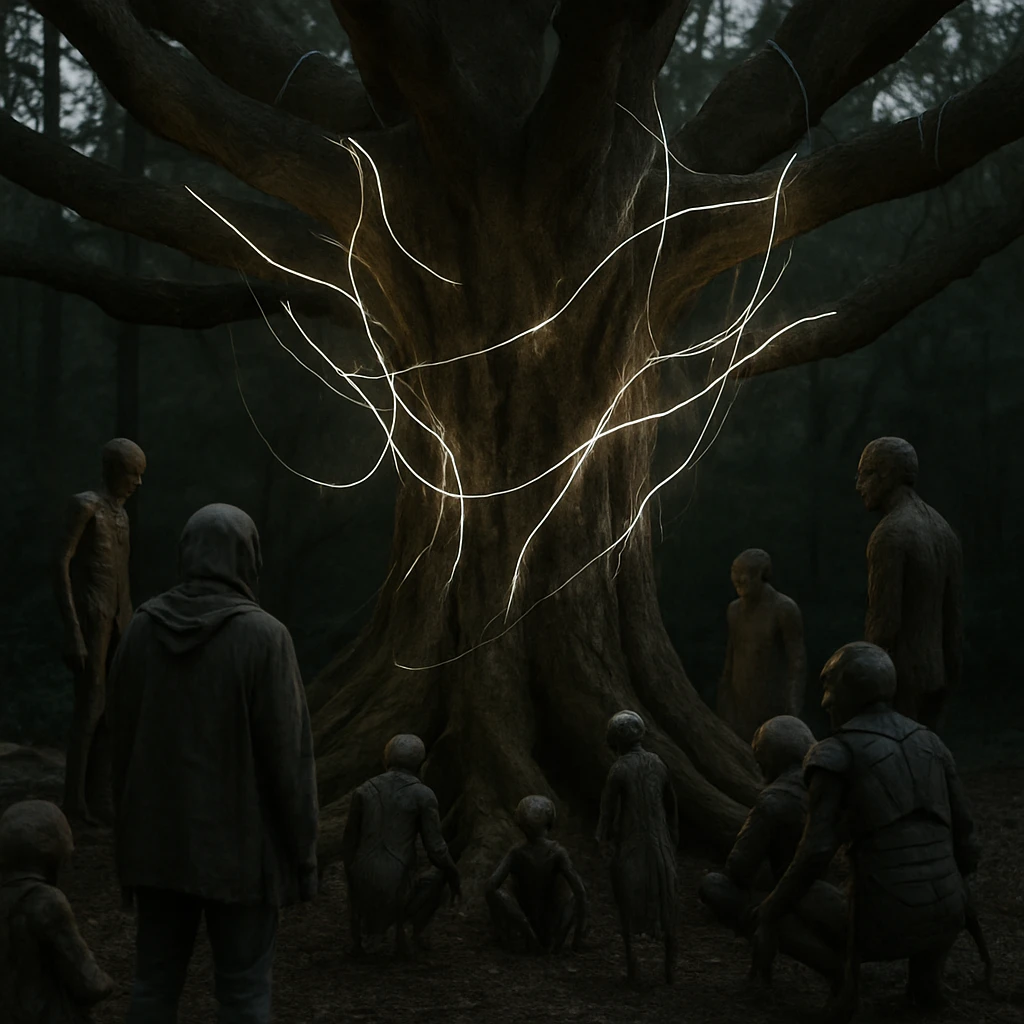 巨大な樹に量子繊維が張り巡らされ、様々な異種族が根元に集う夕方の森の写真。