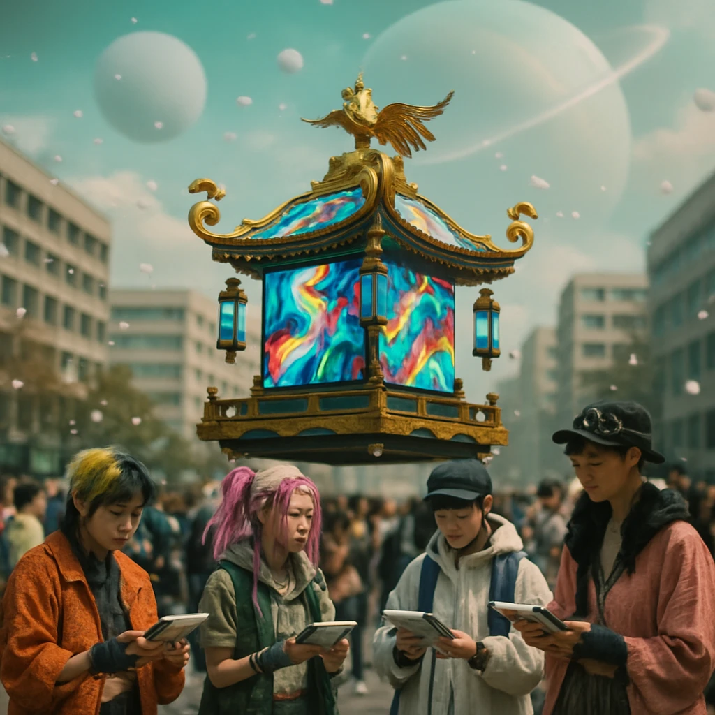 都市の広場で浮遊神輿にカラフルなデジタルアートが投影され、仮装した若者たちが未来的な御朱印帳を持ち、花綿が舞う光景。