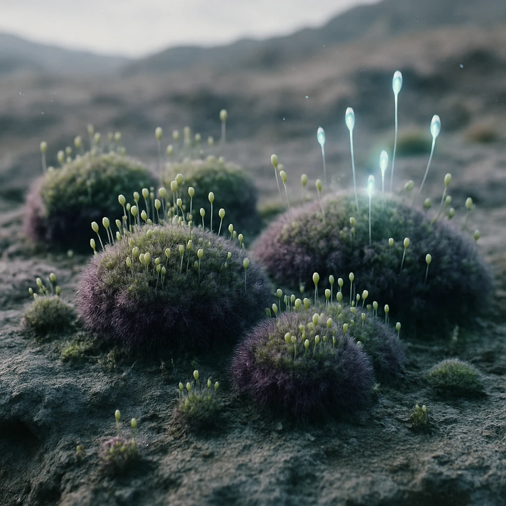 異星の岩場に広がる緑紫色の苔コロニーと胞子が漂う様子のリアルな写真。