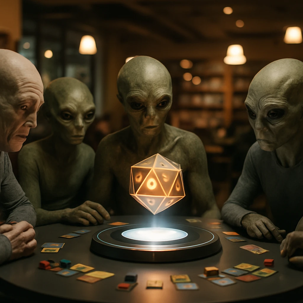 多様な外見のサーモノイドたちが未来的なテーブルを囲み、中央に浮かぶ発光する多面体サイコロを見つめているボードゲームカフェの一場面。