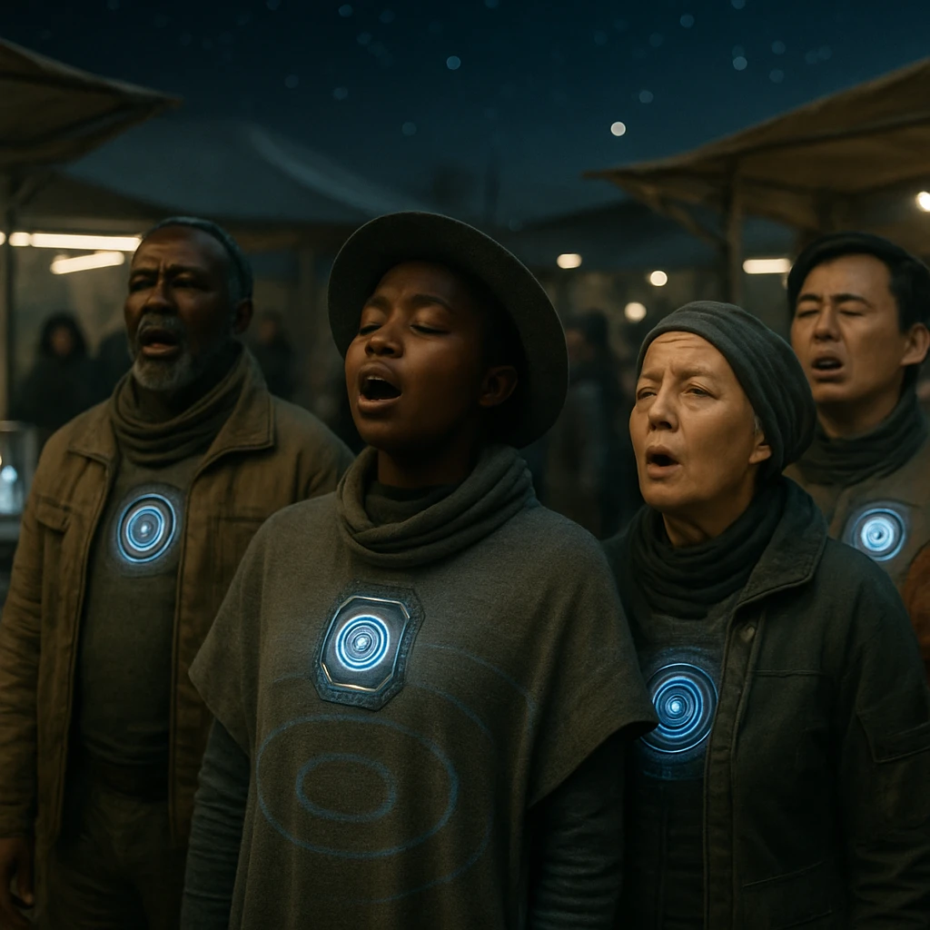 アズリア星系の市場で市民たちが合唱に参加し、未来的な装置が光を放つ様子の現実的な写真。