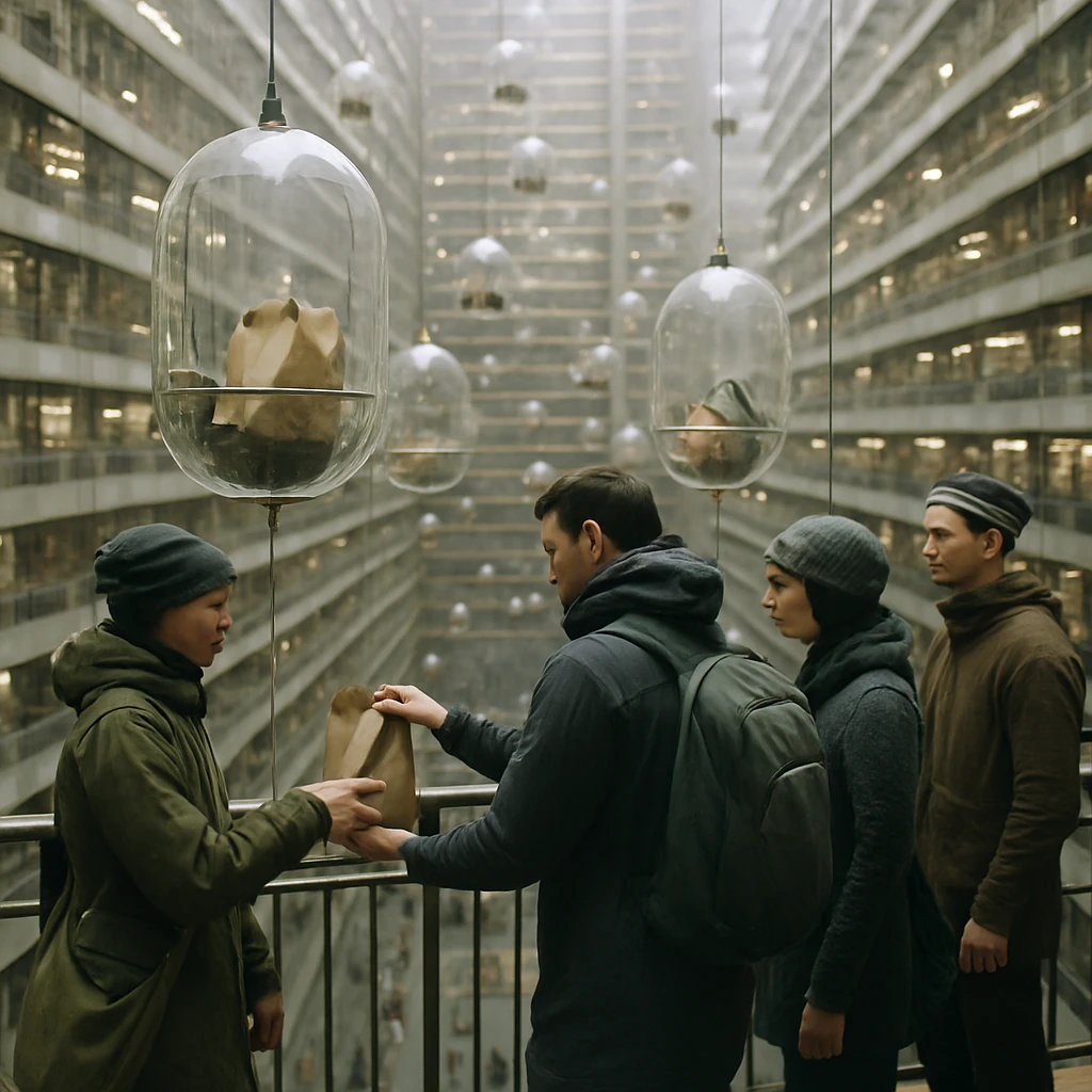 多層構造の高層ショッピングモールで、買い物客が透明な重力ポッドで商品を受け取る様子。