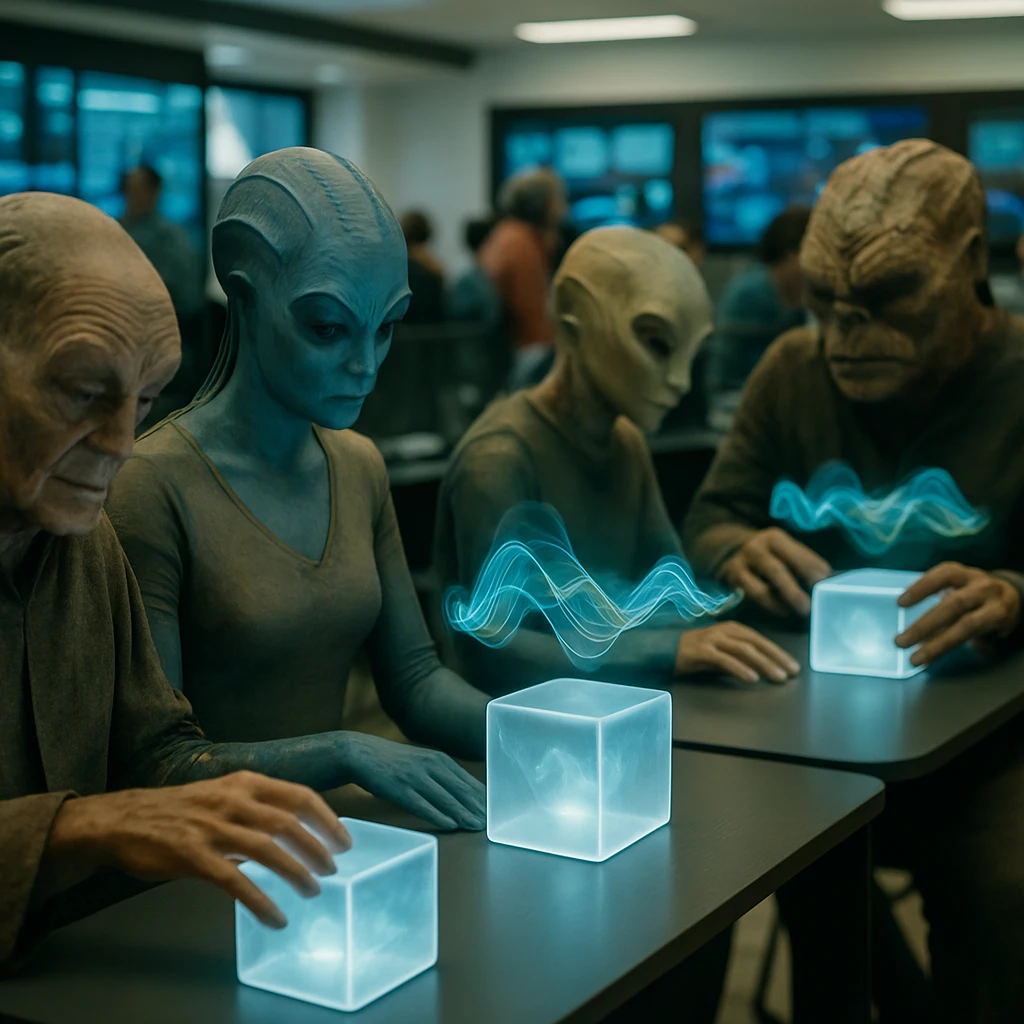 ゼフィラル星の選挙キャンペーンオフィスで、多様な種族の人々が発光する立方体端末を操作し、机の上にホログラフィック表示が浮かぶ様子の写真。