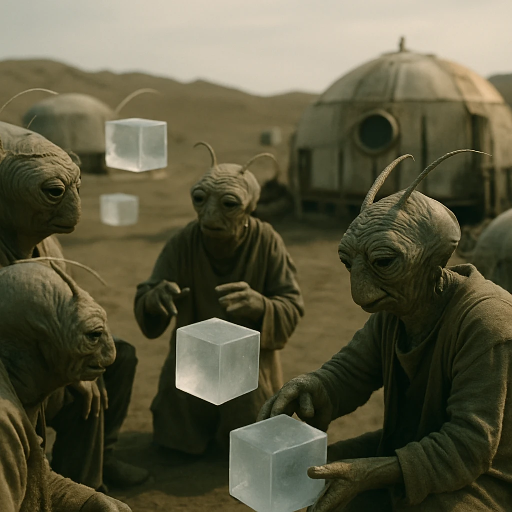 荒涼とした惑星の上で高齢の虫型異星人と半透明の立方体生命体が共生ドーム集落で交流している様子。