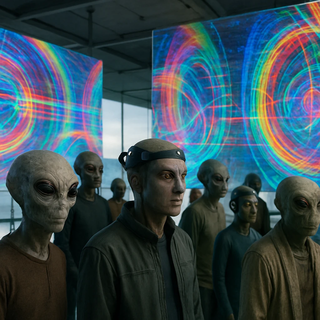 複数の異種知的生命体が未来的な浮遊ギャラリー内で、空中に投影された色鮮やかな幾何学パターンのホログラムを見つめている写真。