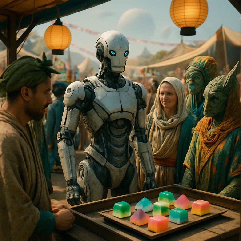 フェレトニア星の祝祭会場でAI司会ロボットと様々な種族の人々がサステナブルな祭衣装を着てネオ和菓子ブースを楽しむ様子の写真。