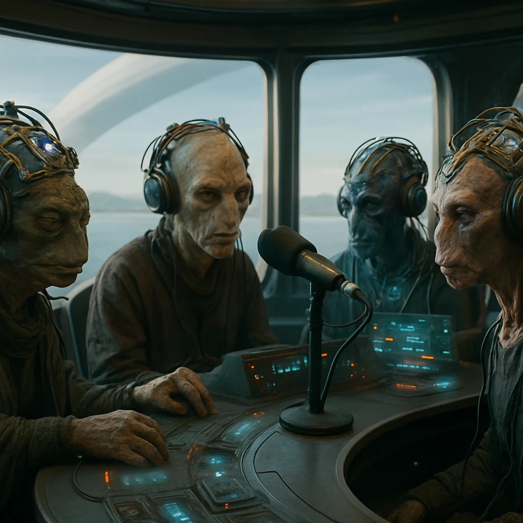 水環星トールスの異種族たちがレゾノイド装置を装着し、スタジオ風の空間で熱心に音声配信を聴いている様子。