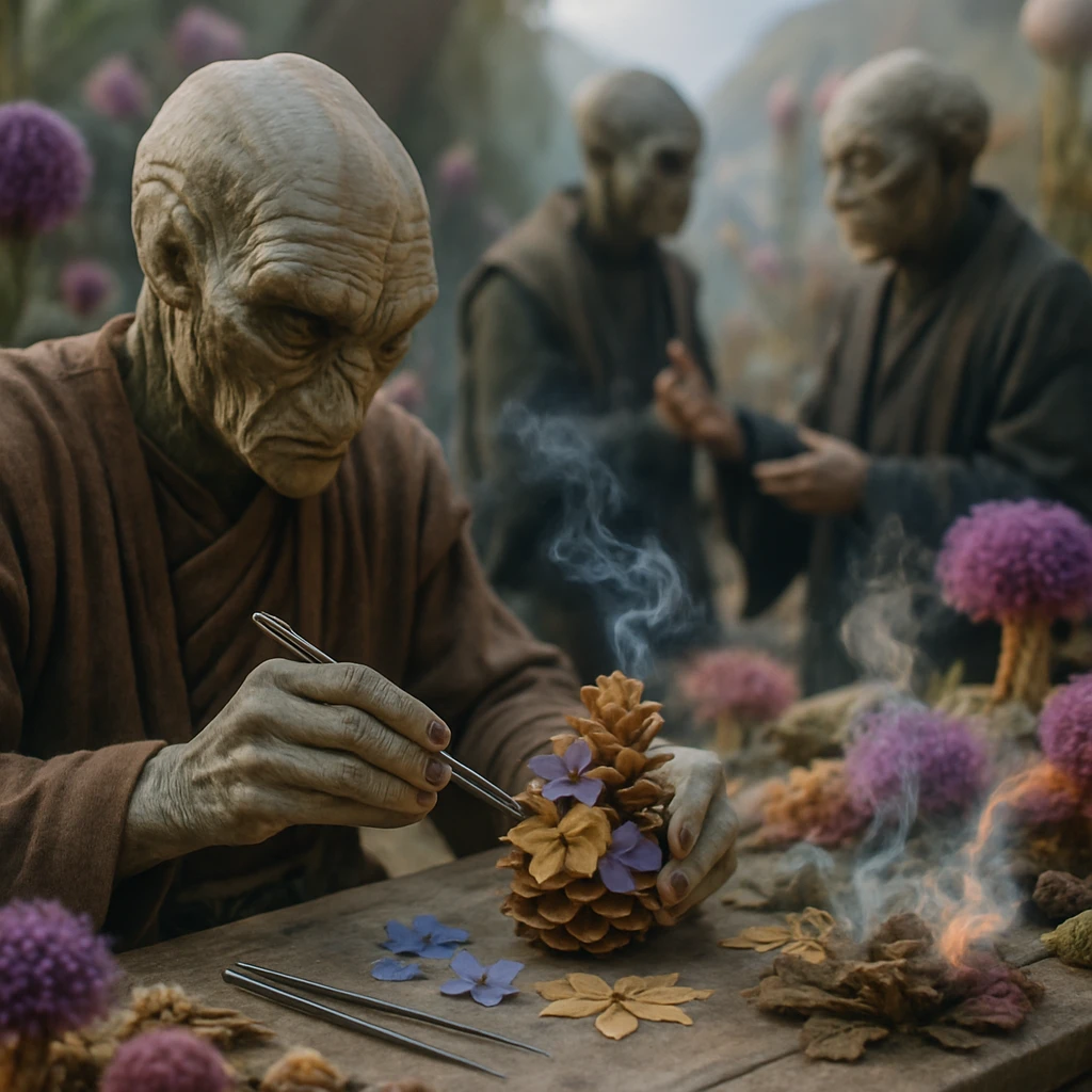 松ぼっくりと押し花を組み合わせる工芸家と、それを見守る2人の評議員が森の中で議論している様子。