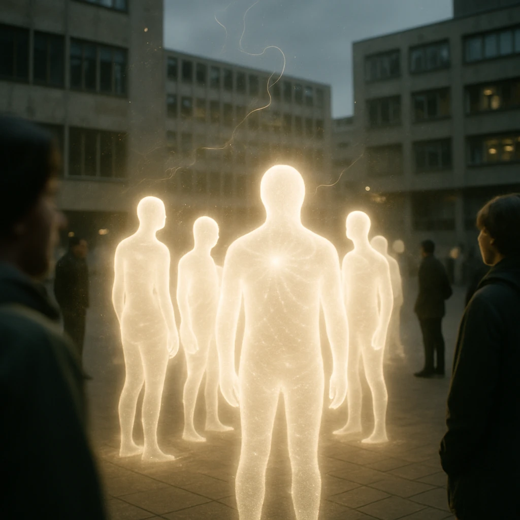 都市の広場で光をまとったテトラリス星の生物たちが集まり、周囲の空間に発光の波が広がる様子のリアルな写真風イメージ。